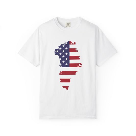 USA Greenland Flag Map T-Shirt — Distressed American Flag Silhouette Tee