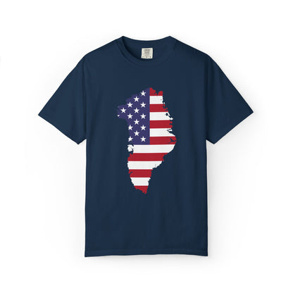 USA Greenland Flag Map T-Shirt — Distressed American Flag Silhouette Tee