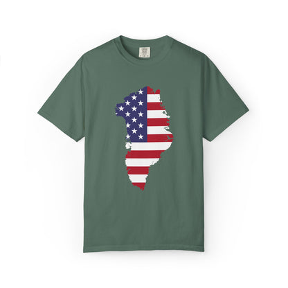 USA Greenland Flag Map T-Shirt — Distressed American Flag Silhouette Tee