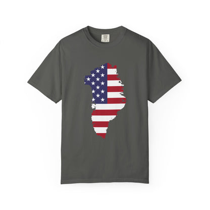 USA Greenland Flag Map T-Shirt — Distressed American Flag Silhouette Tee